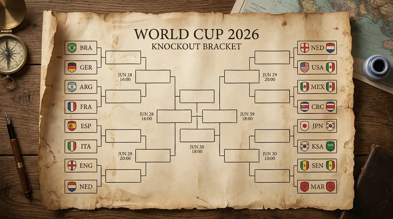 Drabinka pucharowa Mundialu 2026 na pergaminie z ośmioma parami 1/8 finału, herbami drużyn i datami w klimacie stadionowych świateł