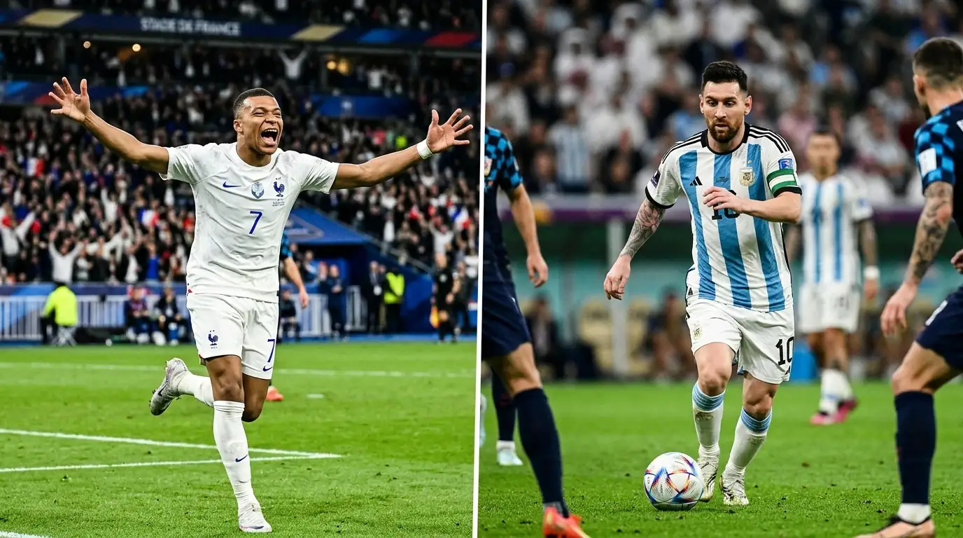 Mbappé w białej koszulce Francji cieszy się z gola w meczu z Marokiem, w głębi Messi w niebiesko-białej koszulce Argentyny obserwuje z trybun — kompozycja dwóch ikon światowego futbolu