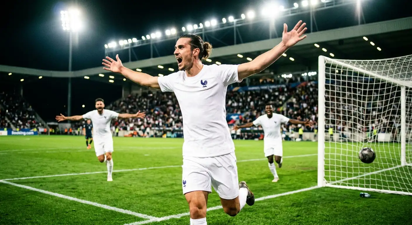 Mbappé w białej koszulce Francji strzela gola w wieczornym meczu Mundialu, dynamiczne ujęcie w ruchu