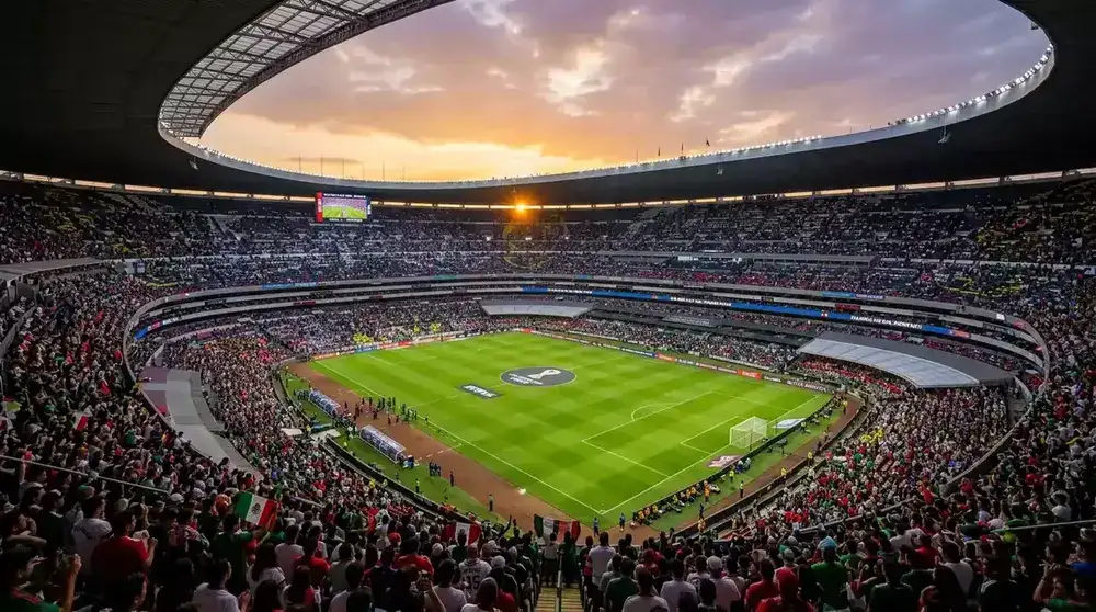 Stadion piłkarski podczas Mistrzostw Świata 2026 z widokiem na pełne trybuny i murawę