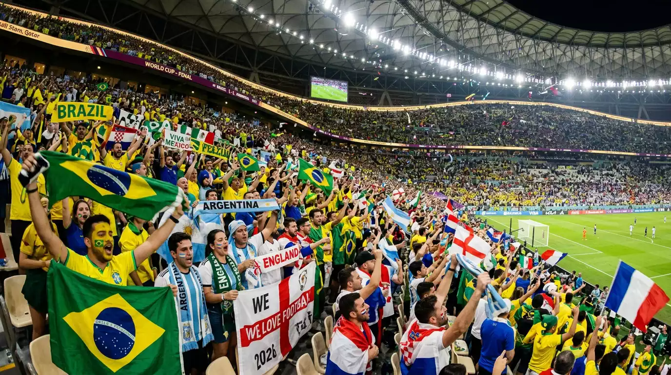 Kibice na trybunach stadionu piłkarskiego podczas meczu Mistrzostw Świata