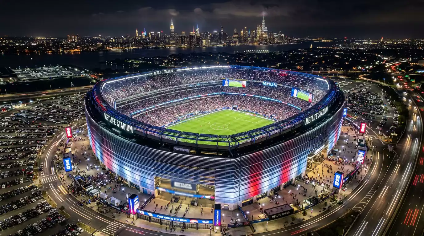 MetLife Stadium w East Rutherford nocą z oświetloną murawą i pełnymi trybunami