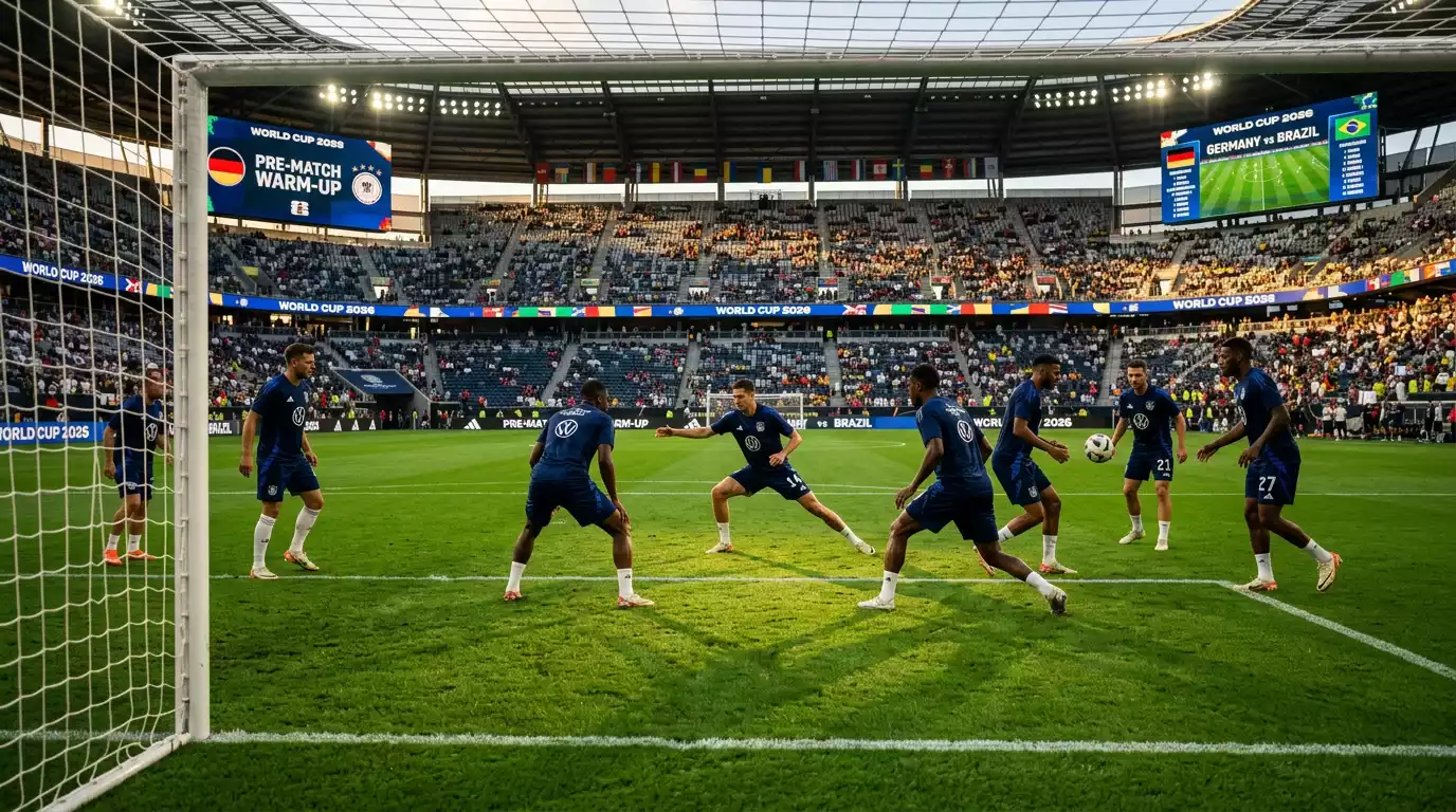 Piłkarze podczas rozgrzewki na murawie nowoczesnego stadionu przed meczem mundialowym