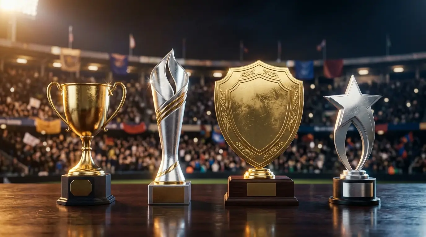 Cztery bezmarkowe trofea ustawione w rzędzie na ciemnym stole przed rozmytą trybuną stadionu, złote i srebrne refleksy światła na metalu