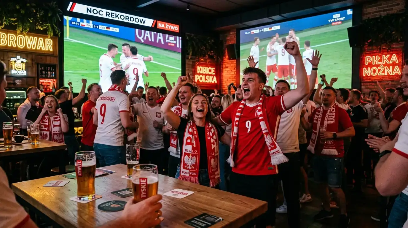 Kibice oglądający nocny mecz Mundialu 2026 na dużym ekranie w sportowym pubie