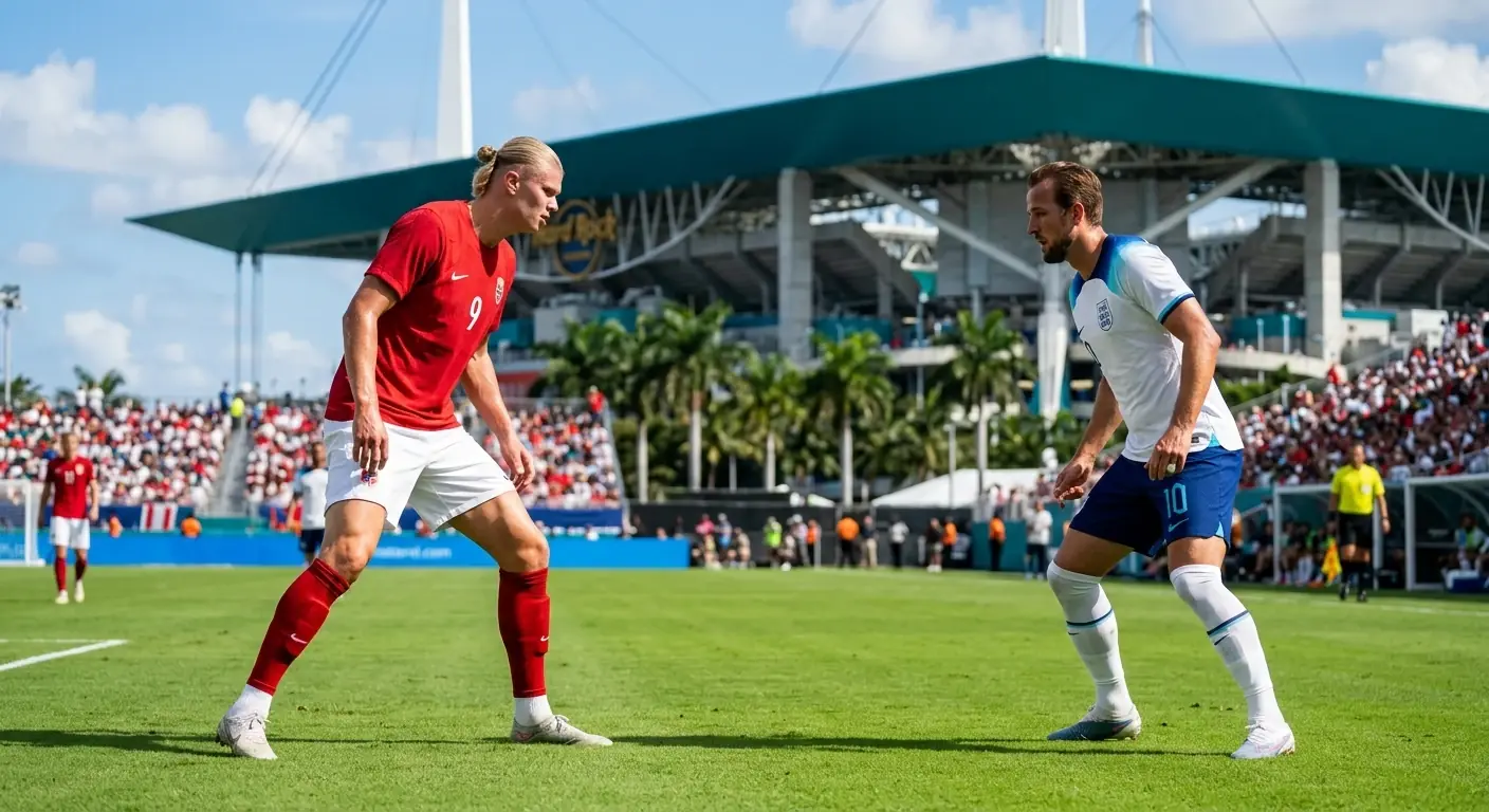Erling Haaland w czerwonej koszulce Norwegii strzela gola w meczu z Brazylią, w tle Harry Kane w białej koszulce Anglii obserwuje z dystansu