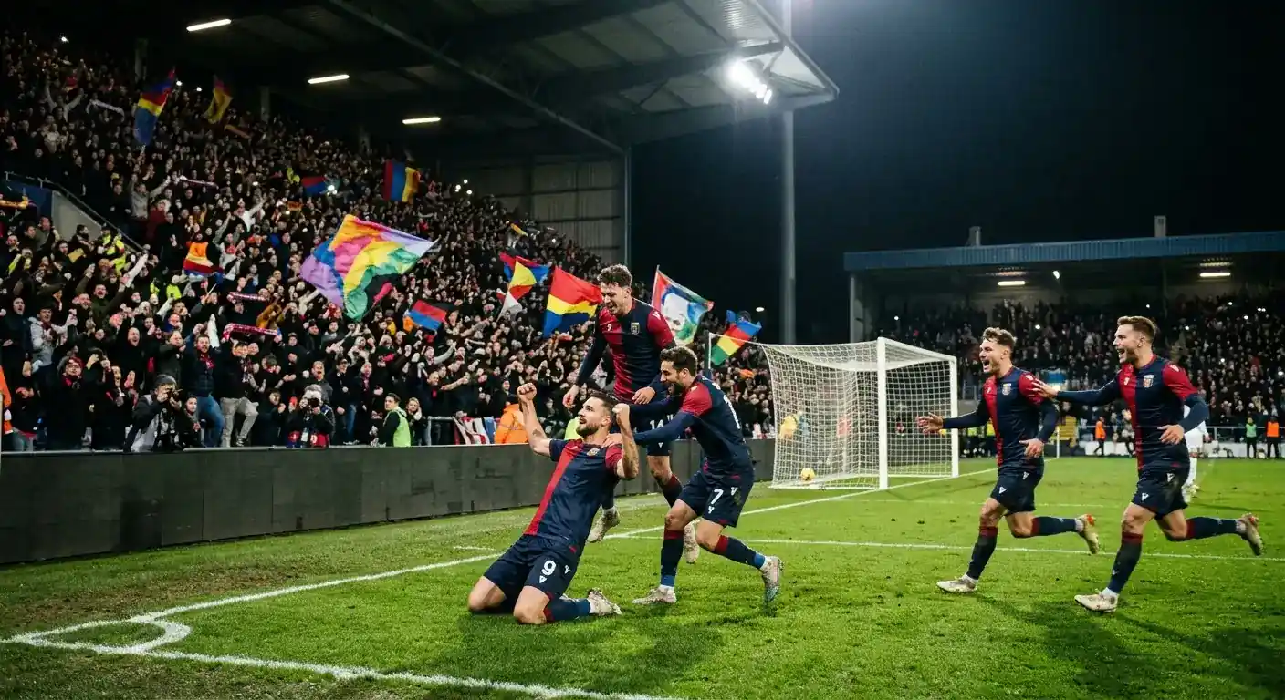Stadion nocą po meczu pucharowym Mundialu 2026, światła jupiterów i zawodnicy celebrujący na murawie