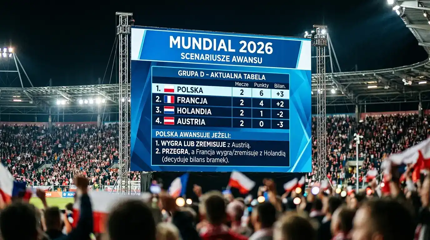 Tablica wyników na stadionie pokazująca przykładową tabelę grupy podczas Mundialu 2026