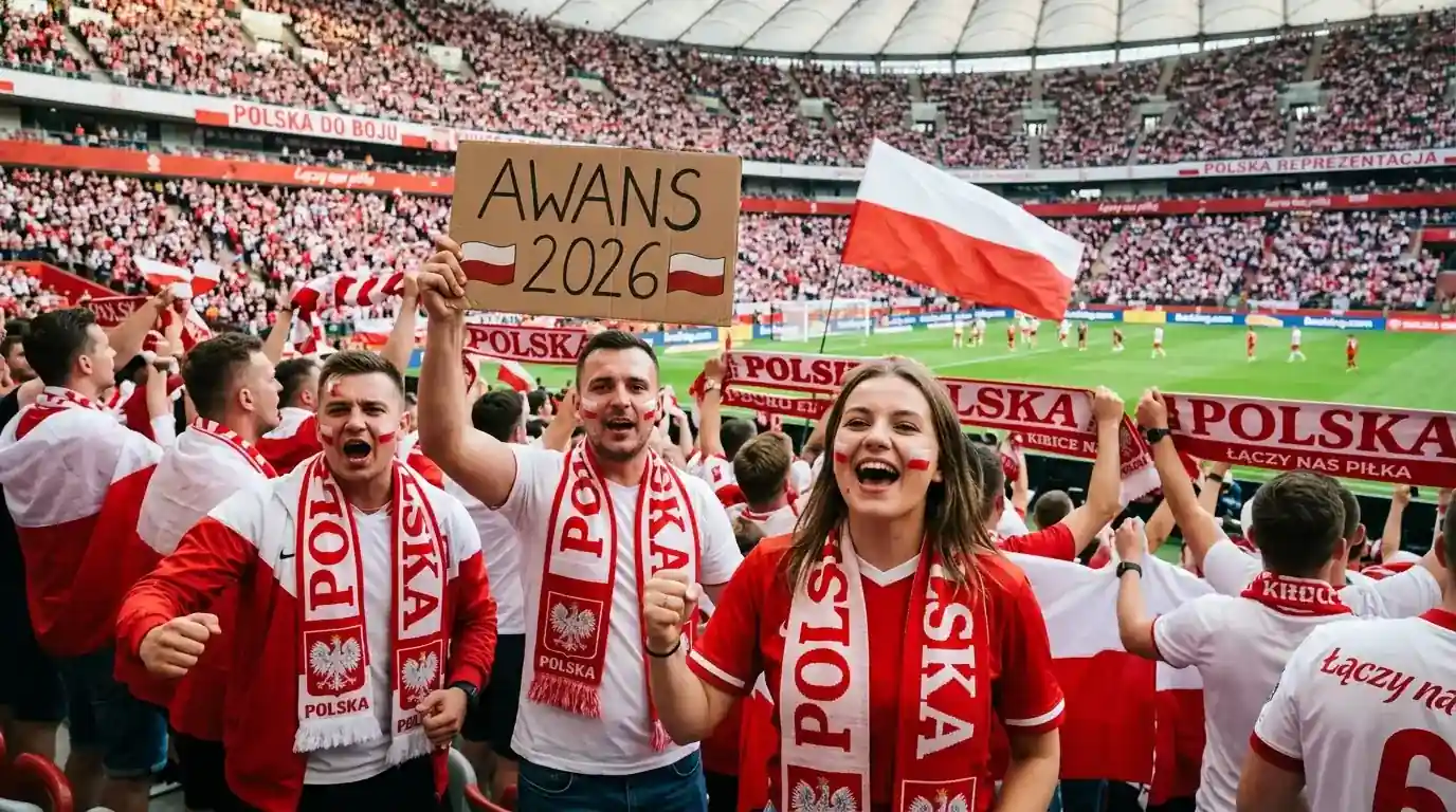 Kibice w barwach narodowych z flagami dopingujący podczas meczu piłkarskiego