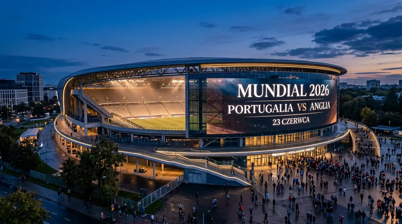 Oświetlony stadion piłkarski o zmierzchu przed wieczornym meczem Mundialu 2026