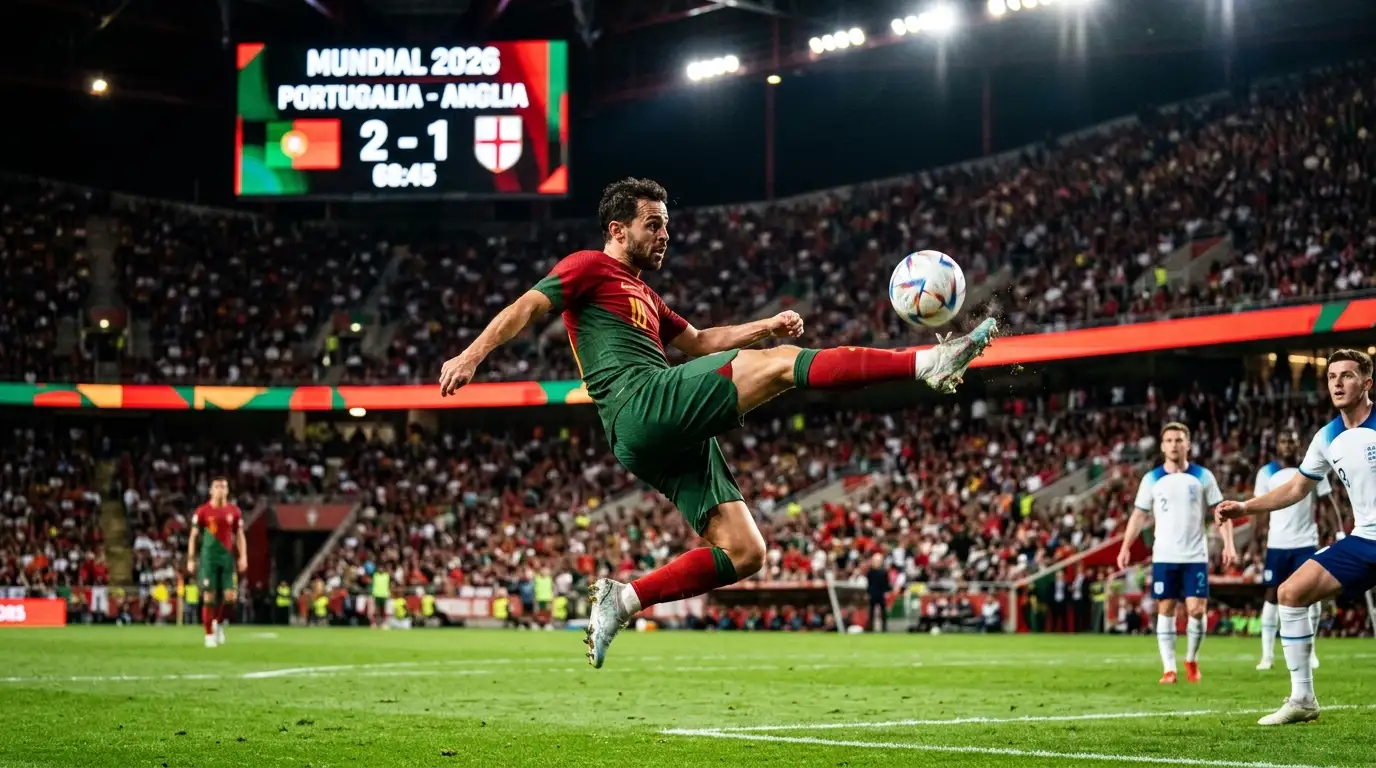 Piłkarz uderzający piłkę podczas wieczornego meczu reprezentacji, reflektory stadionu w tle